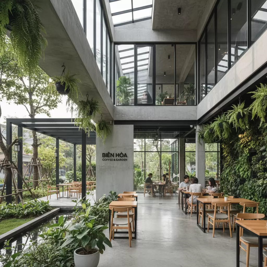 Một góc không gian cà phê hiện đại thoáng đãng tại Biên Hòa nơi lý tưởng để thư giãn và làm việc
