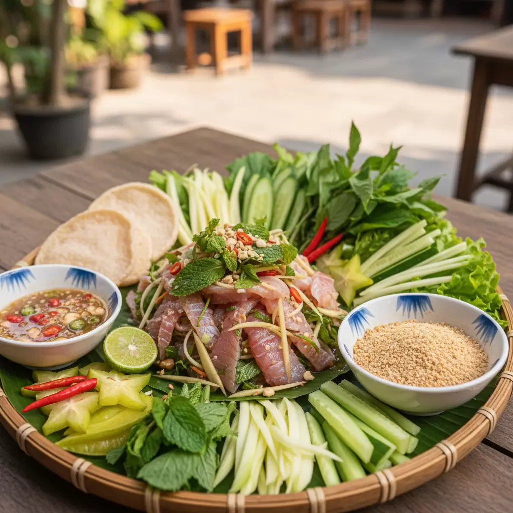 Gỏi cá là món đặc sản nổi tiếng của Biên Hòa thường được ăn kèm với rau rừng và nước chấm đậm đà