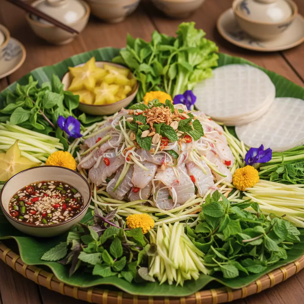 gemini_image_1767176088-2 Gỏi cá Biên Hòa là món ăn mang đậm hương vị địa phương thường được thưởng thức cùng nhiều loại rau rừng