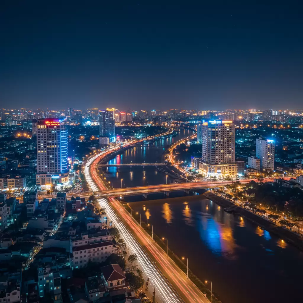 gemini_image_1767177388 Biên Hòa về đêm mang vẻ đẹp lung linh và nhộn nhịp thu hút du khách khám phá
