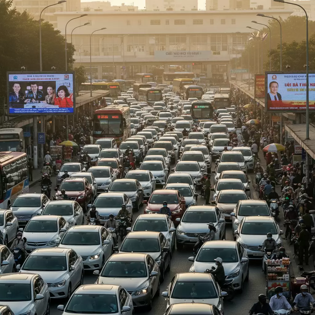 Hình ảnh mô phỏng tình trạng ùn tắc kéo dài vào giờ cao điểm tại lối vào Bến Xe Biên Hòa