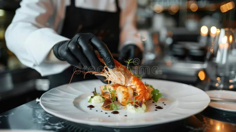 close-up-seafood-dish-being-served-professional-waiter-fine-dining-elegant-black-gloved-hands-waiter-serving-365563914-1 Chất lượng dịch vụ chuyên nghiệp là yếu tố then chốt tại các nhà hàng hải sản hàng đầu