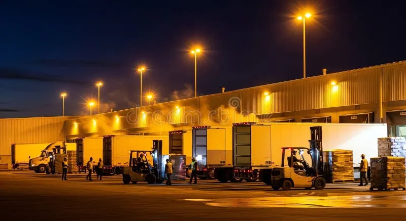 Hoạt động giao nhận hàng hóa tại chành xe vào ban đêm diễn ra nhộn nhịp để đảm bảo tiến độ lưu thông