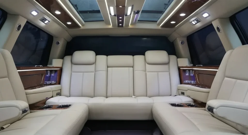 Không gian đẳng cấp và sang trọng bên trong xe Limousine VIP phục vụ công tác